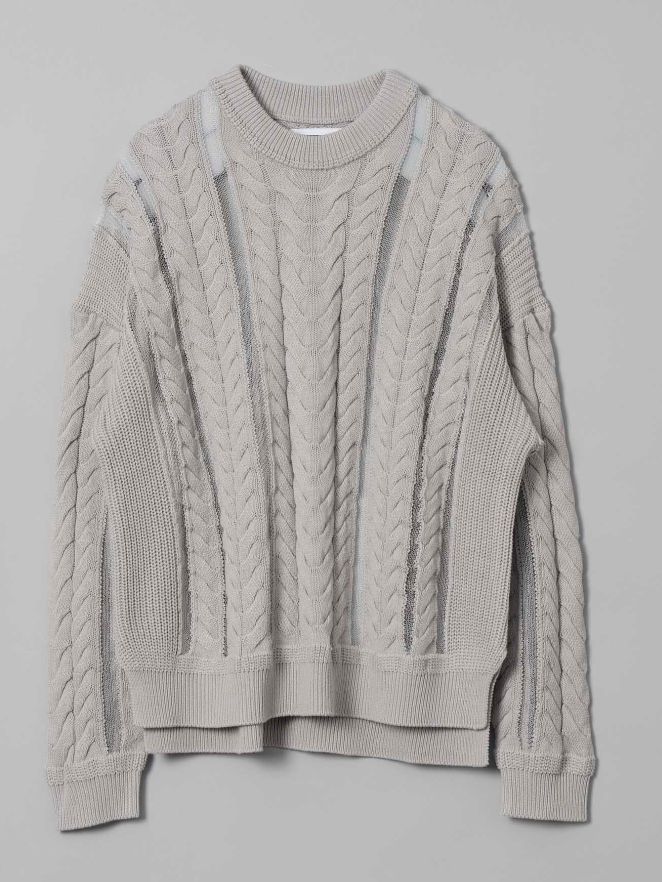 ニットプルオーバー - Cable Knitting Sheer Intarsia Prime-Over Crew Neck Knit Pullover GREY