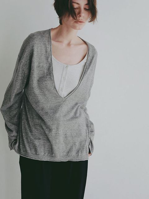 コットンリネンハイゲージネックニットプルオーバー (GREY)