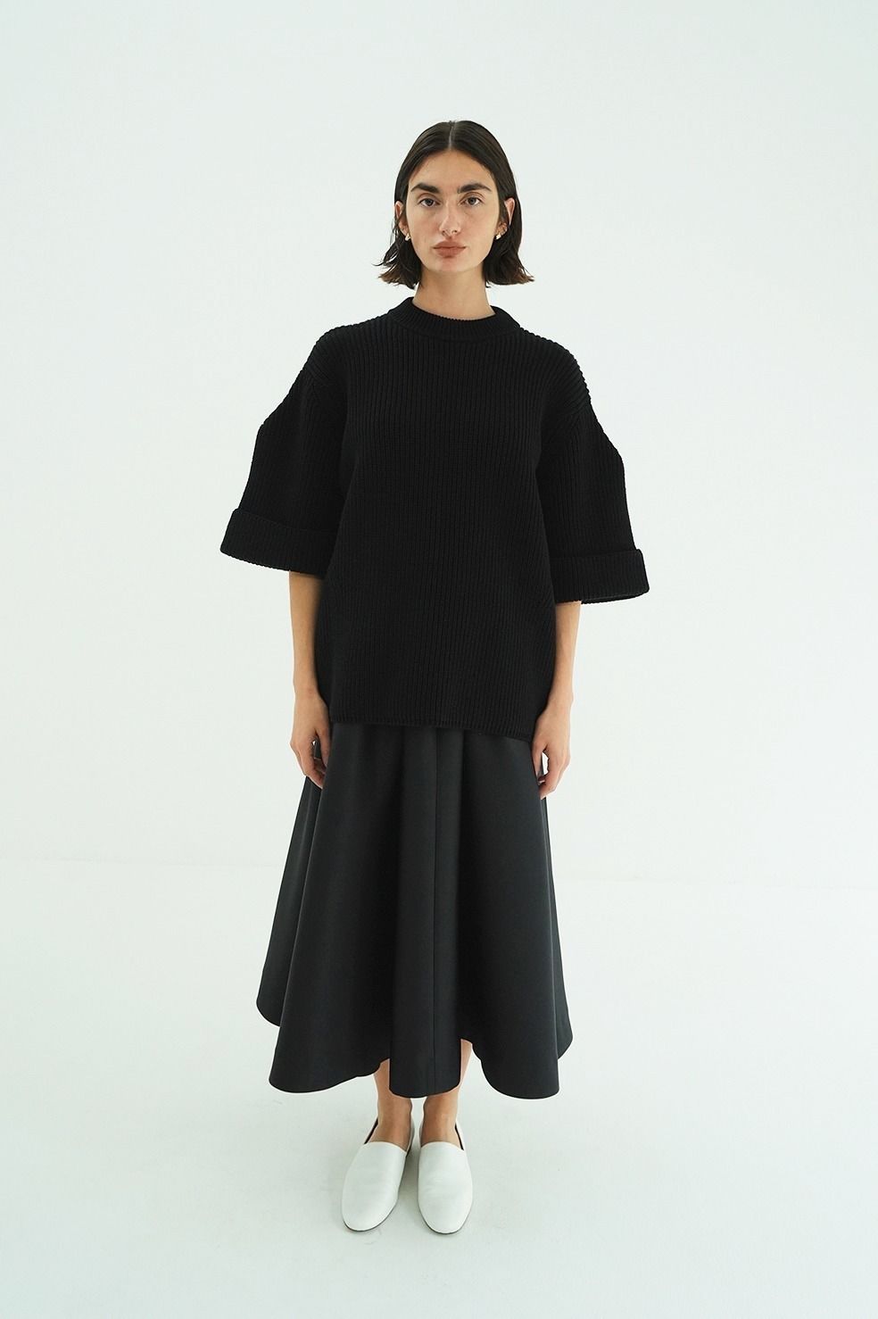 ニットトップス - OVER HALF SLEEVE KNIT TOPS (BLACK)