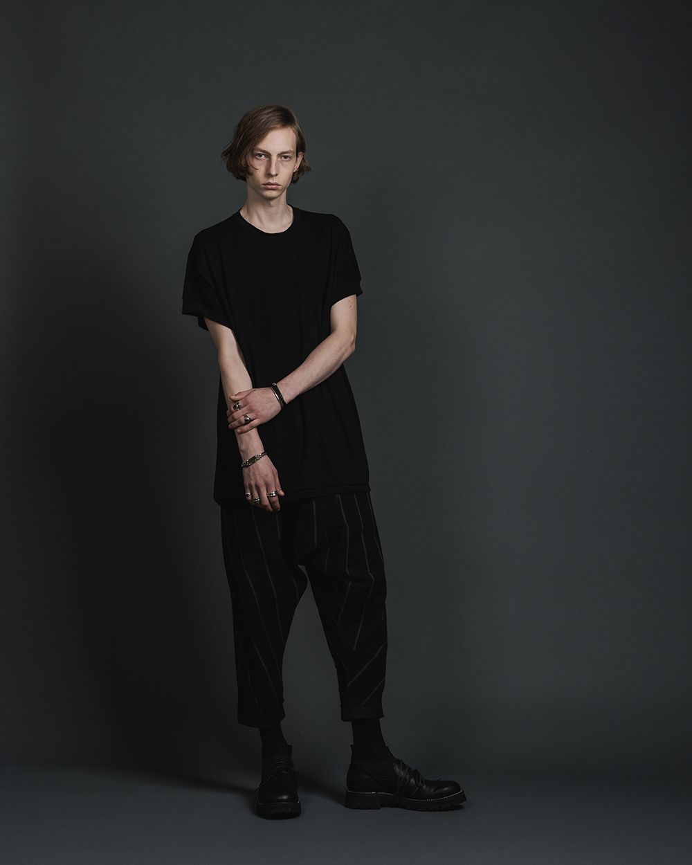 綿シルク 天竺 ショート スリーブ レイヤード ティーシャツ - double layerd short-sleeve t - BLACK