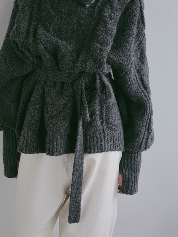 ハイネックケーブルニットプルオーバー （GREY)