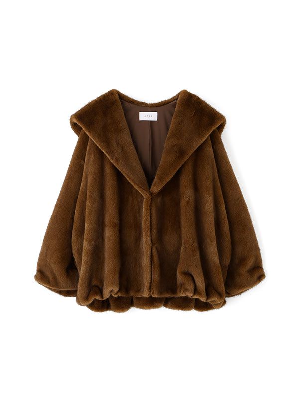 フェイクファーショールカラーフードコート -  BROWN