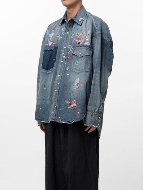 キッズ ステッカー プリント デニム シャツ | Kids Sticker Printed Denim Shirt - INDIGO