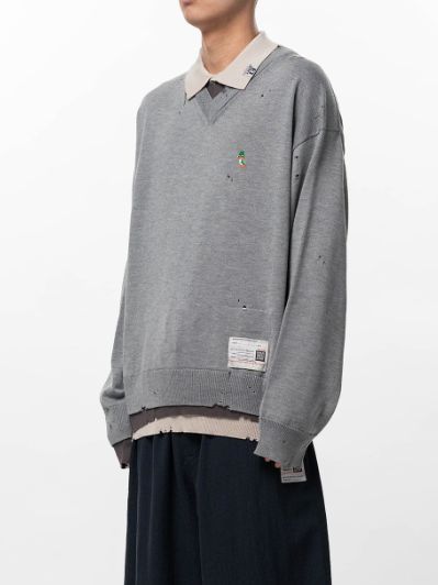 トリプルレイヤードニットプルオーバー - Triple Layered Knit Polo Sweater (GREY)