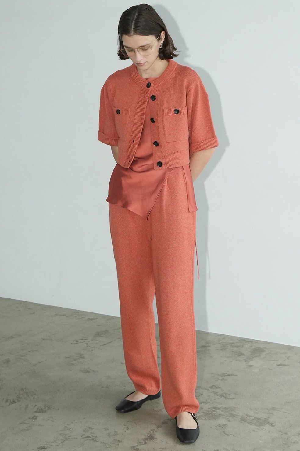 カーディガン - ニットパンツセット / HALF SLEEVE KNIT TOPS & PANTS SET - ORANGE