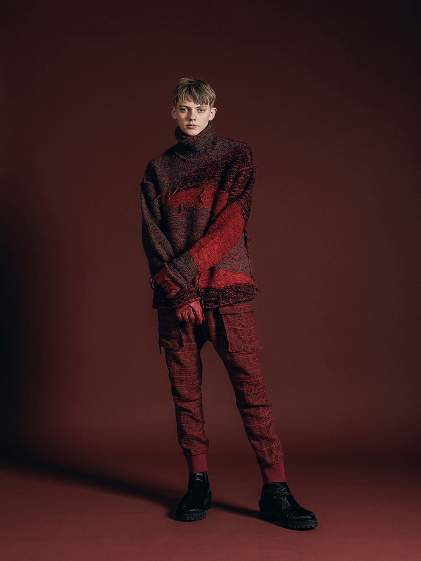 リバーシブル プルオーバー - reversible grunge sweater - VI-3652-07 - B-RED