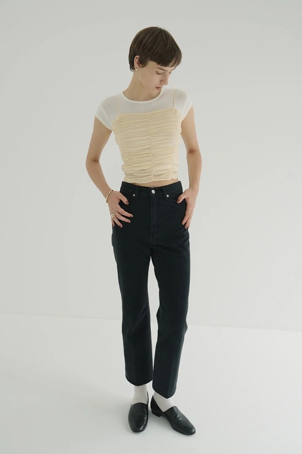CLANE - SHIRRING CAMI TOPS IVORY - シャーリングキャミ