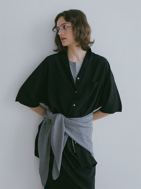 オープンネックハーフスリーブシャツ (BLACK)