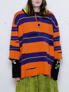 オーバーサイズ ポロニット - OVERSIZED BORDER POLO KNIT COLLAB WITH rurumu: - PURPLE × ORANGE