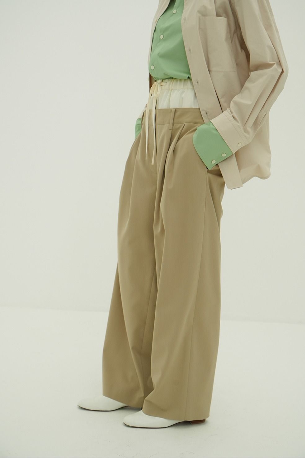 ダブルレイヤード スラックス - W WAIST WIDE SLACKS (BEIGE)