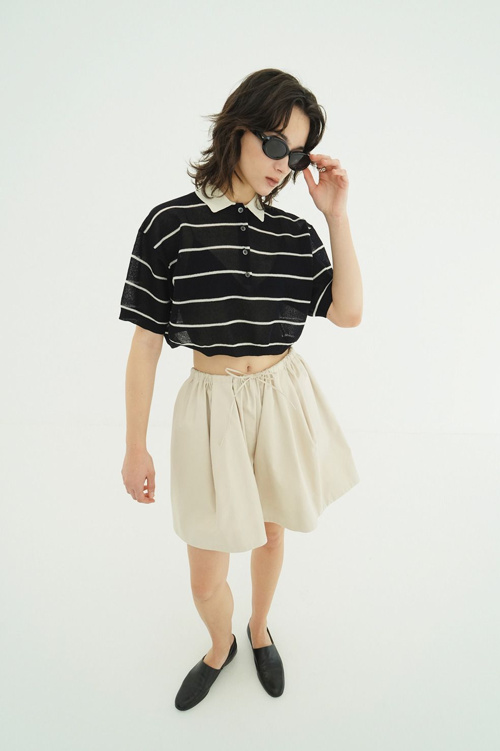 ボーダーポロトップス - SPONGY SHEER POLO KNIT TOPS (NAVY)