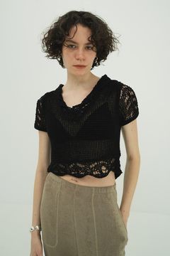 クロップドニットトップス - CROPPED CROCHET KNIT TOPS - BLACK