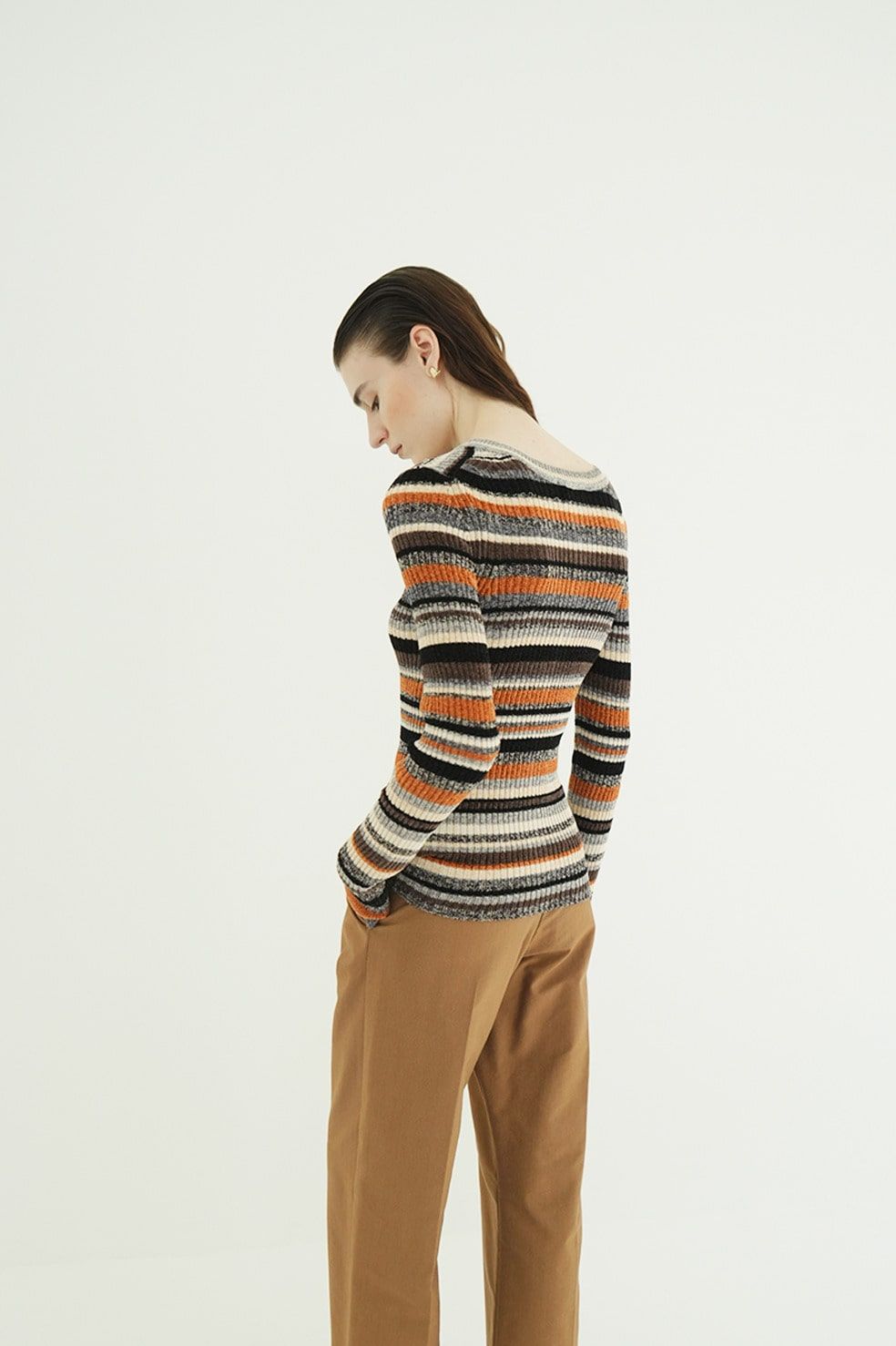 マルチボーダーニットカーディガン - MULTI BORDER BUTTON DETAIL KNIT CARDIGAN (ORANGE)
