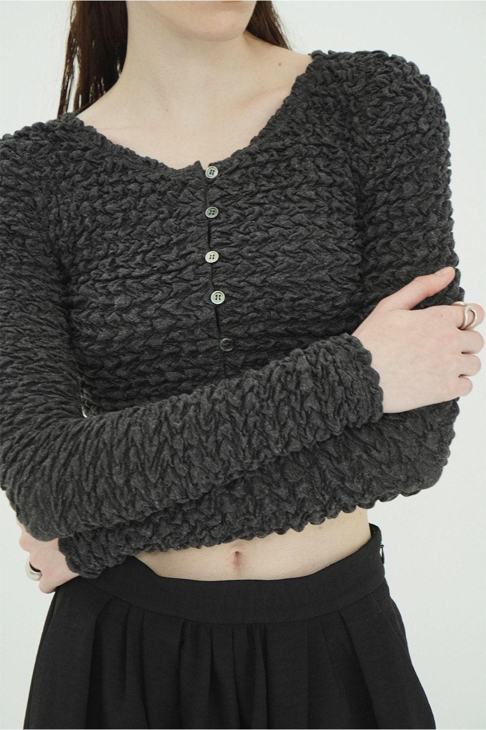 ダブルフェイス シャーリング カーディガン  - W FACE SOFT SHIRRING CARDIGAN (GREY)