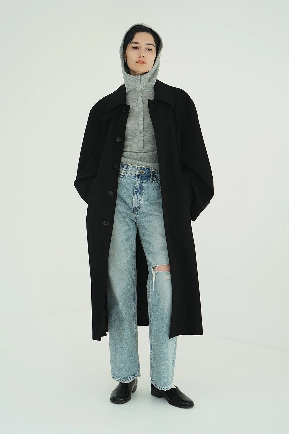 ステンカラーコート - BULKY LINE STAIN COAT (BLACK)