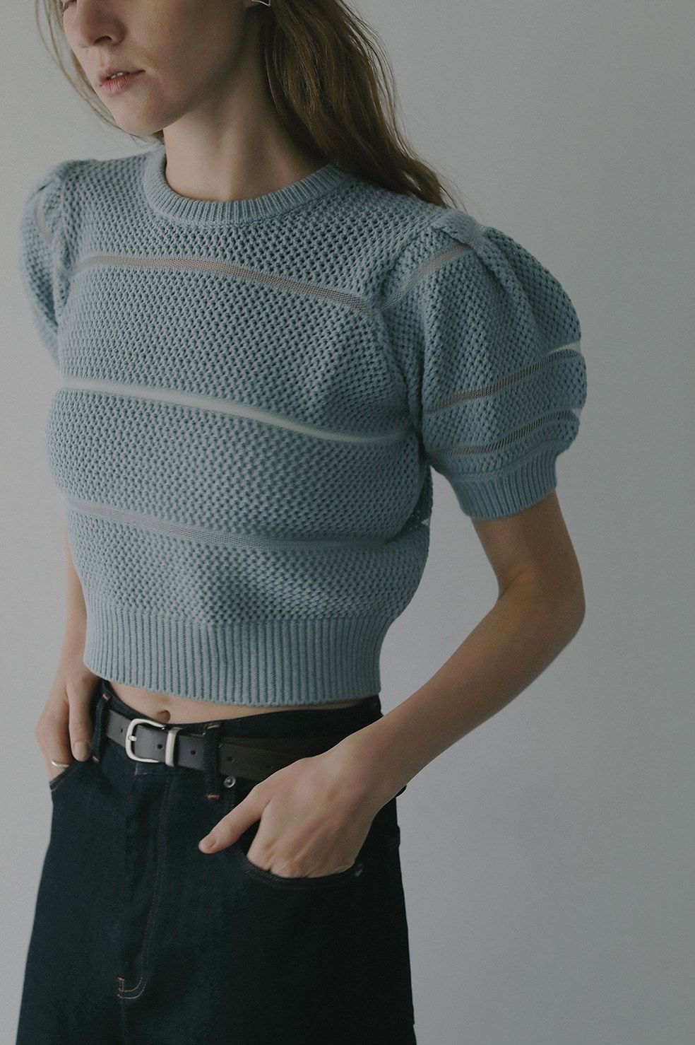 ショート丈ニットトップス - OPENWORK KNIT SHORT TOPS (BLUE)