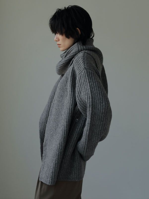 アシメトリーストールニットカーディガン - GREY