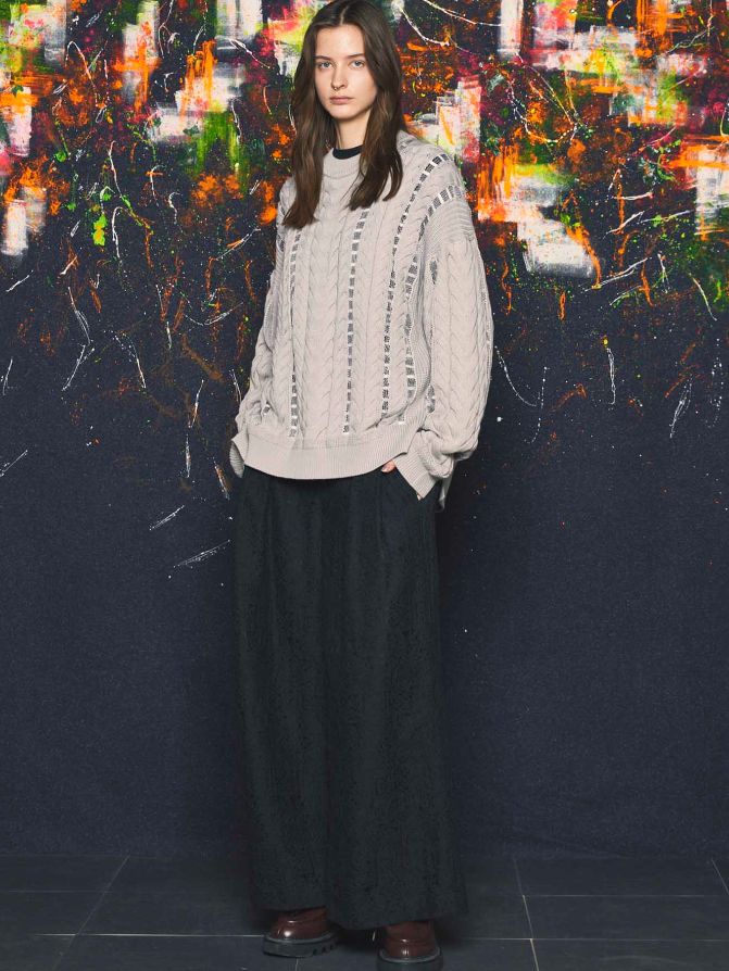 ニットプルオーバー - Cable Knitting Sheer Intarsia Prime-Over Crew Neck Knit Pullover GREY