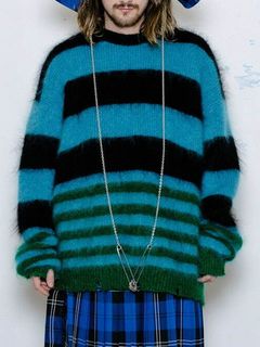 モヘア ボーダーニット - MOHAIR BORDER KNIT - BLACK × SKY BLUE × GREEN