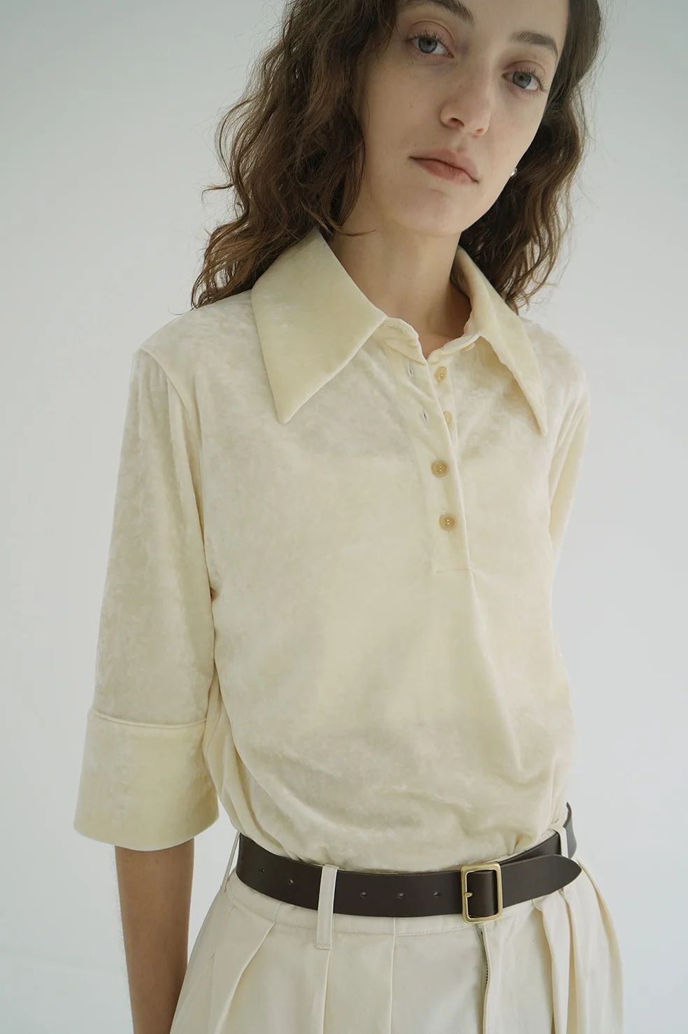 ベロア ポロトップス - CRUSHED VELOUR POLO TOPS IVORY