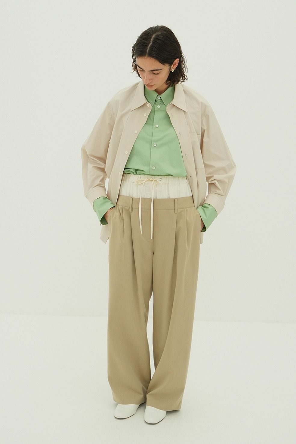 ダブルレイヤード スラックス - W WAIST WIDE SLACKS (BEIGE)
