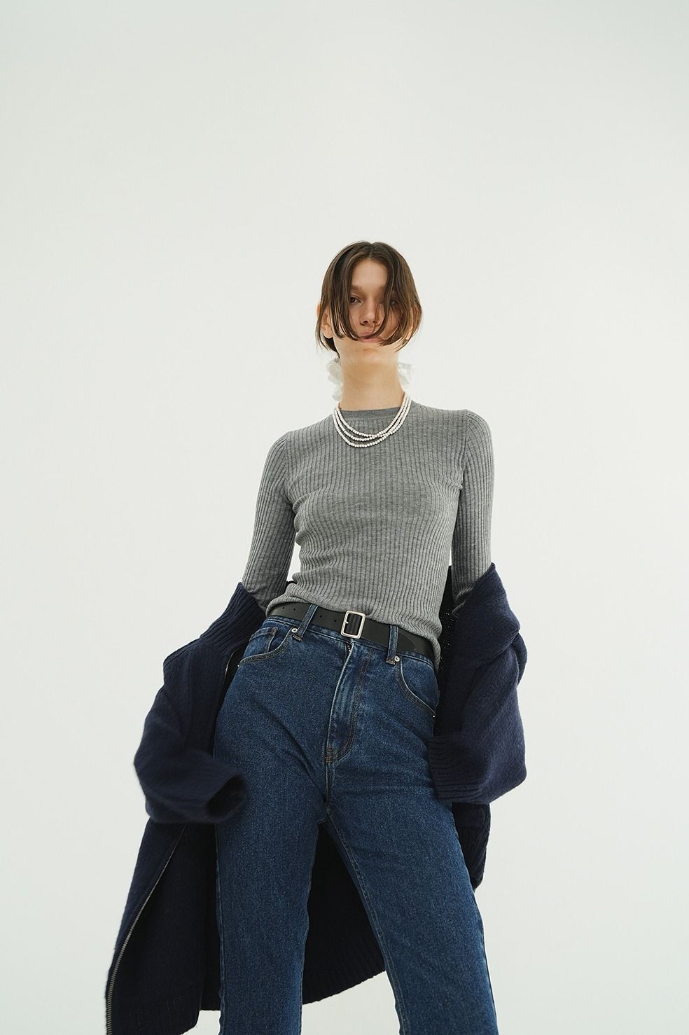 シアーリブニットカットソー | SHEER RIB KNIT TOPS (GREY)