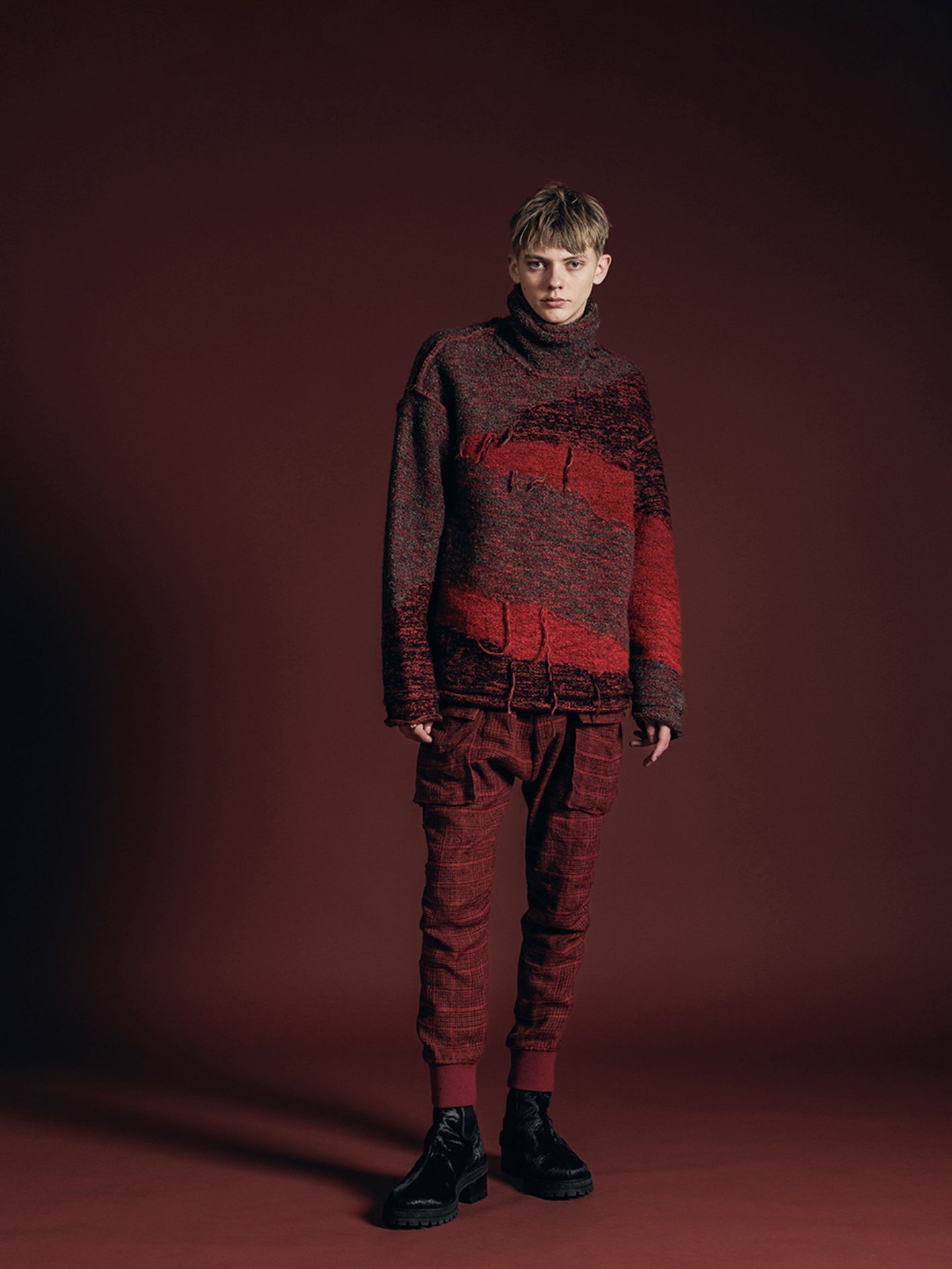 リバーシブル プルオーバー - reversible grunge sweater - VI-3652-07 - B-RED
