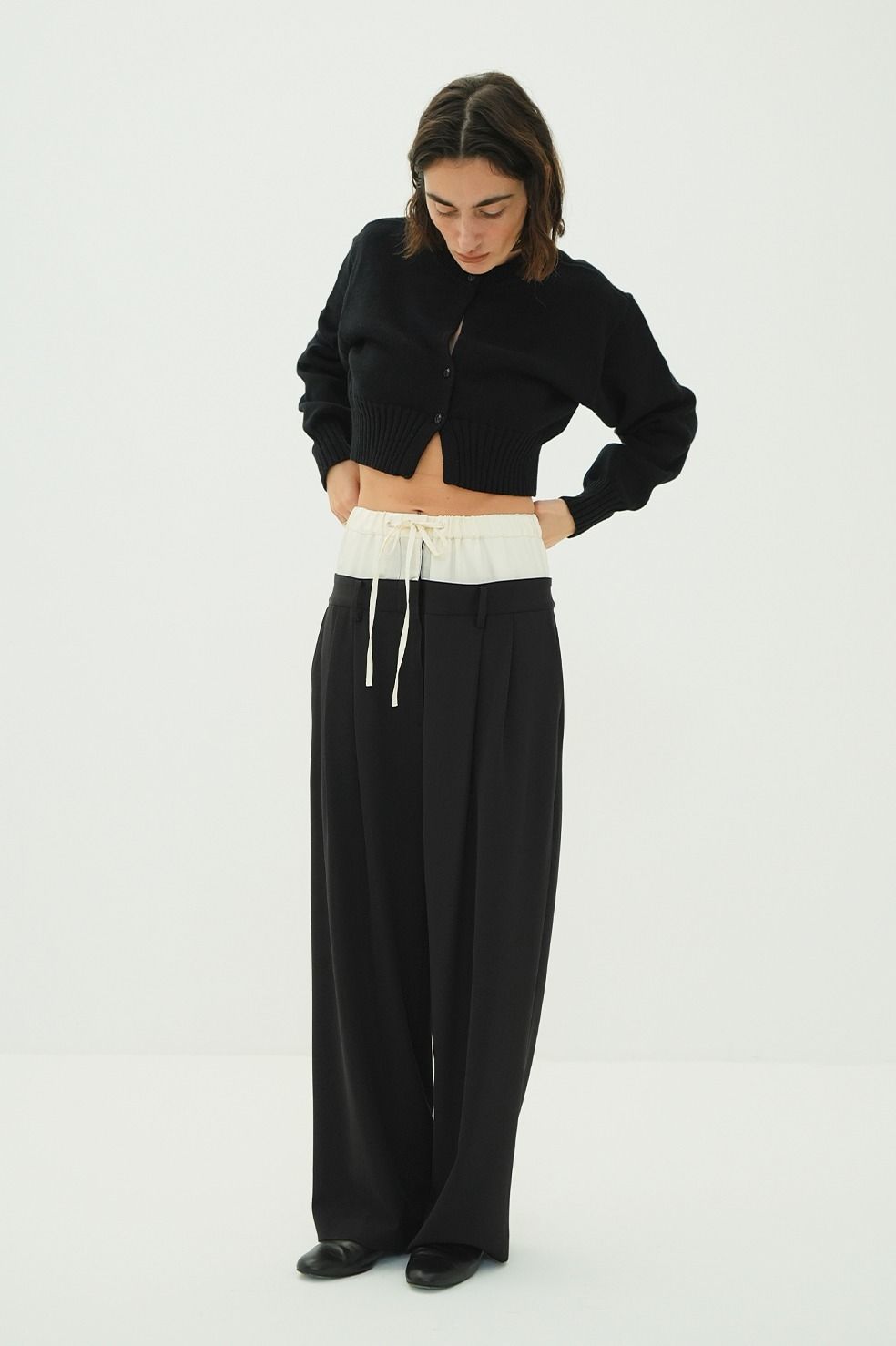 ダブルレイヤード スラックス - W WAIST WIDE SLACKS (BLACK)