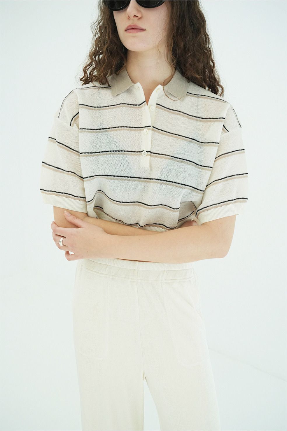 ボーダーポロトップス - SPONGY SHEER POLO KNIT TOPS (IVORY)