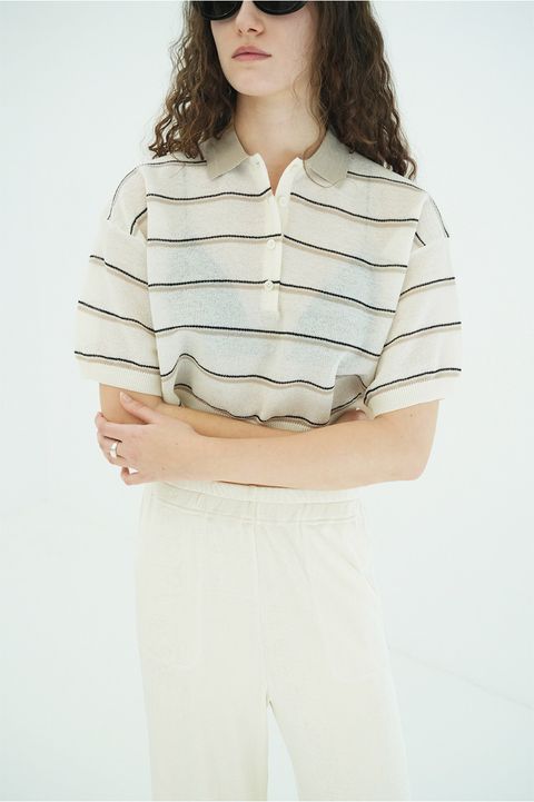 ボーダーポロトップス - SPONGY SHEER POLO KNIT TOPS (IVORY)