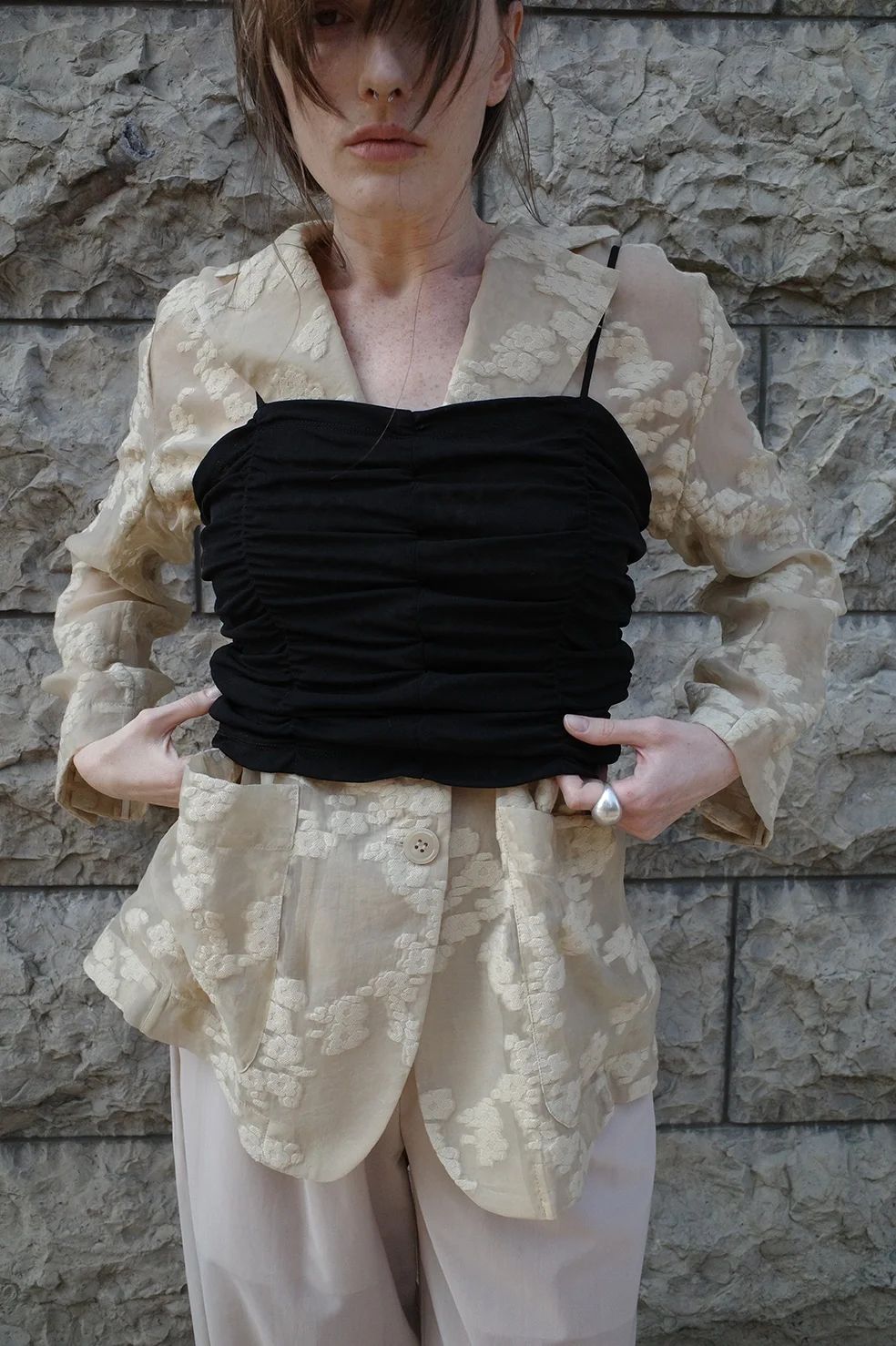 CLANE - SHIRRING CAMI TOPS BLACK - シャーリングキャミ