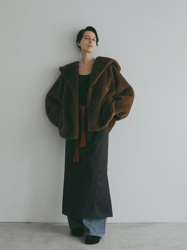 フェイクファーショールカラーフードコート -  BROWN