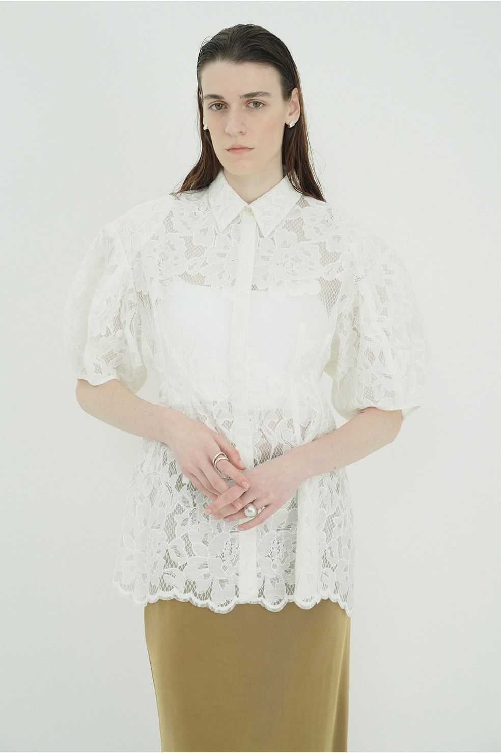 フラワーレーストップス -  FLOWER LACE WAIST SHAPE TOPS (WHITE)