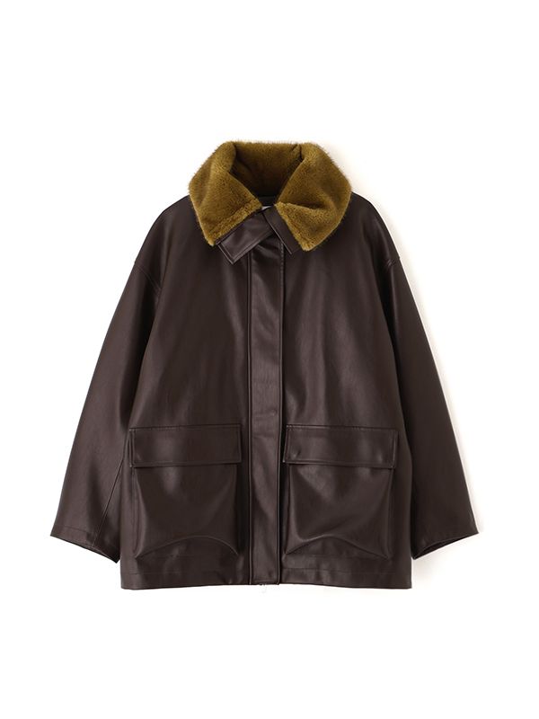 ファーカラーフェイクレザーブルゾン （BROWN)