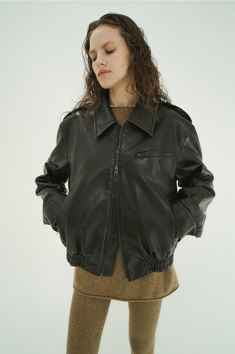 バルキーラインシングルレザージャケット - BULKY LINE SINGLE LEATHER JACKET (BROWN)