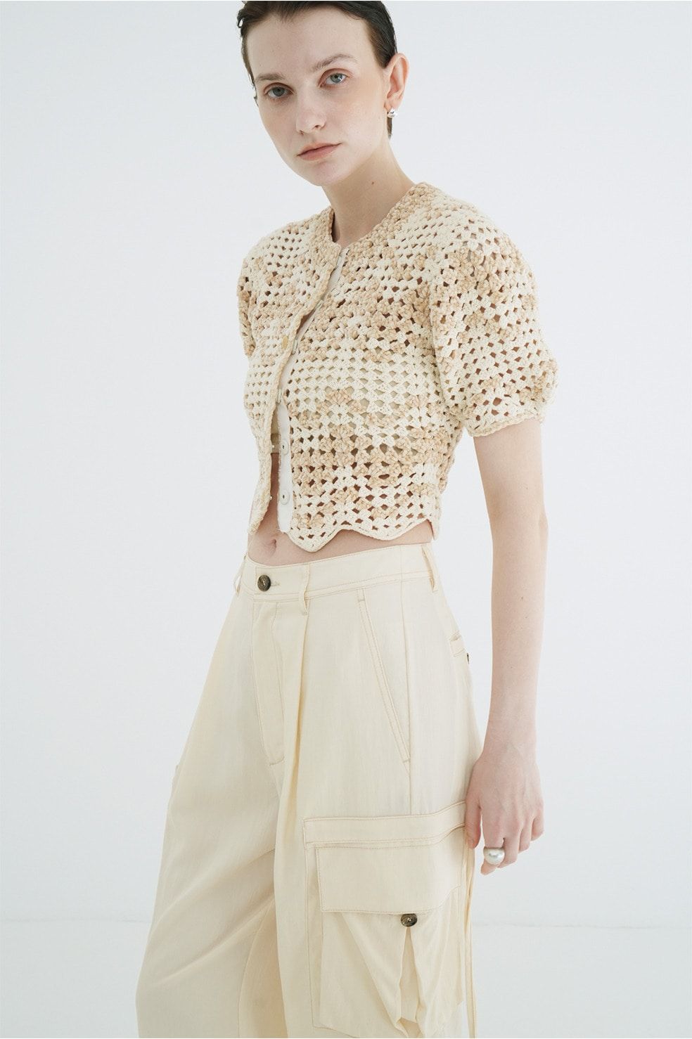 半袖ニットカーディガン - MALL BORDER HAND CROCHET KNIT CARDIGAN (BEIGE)