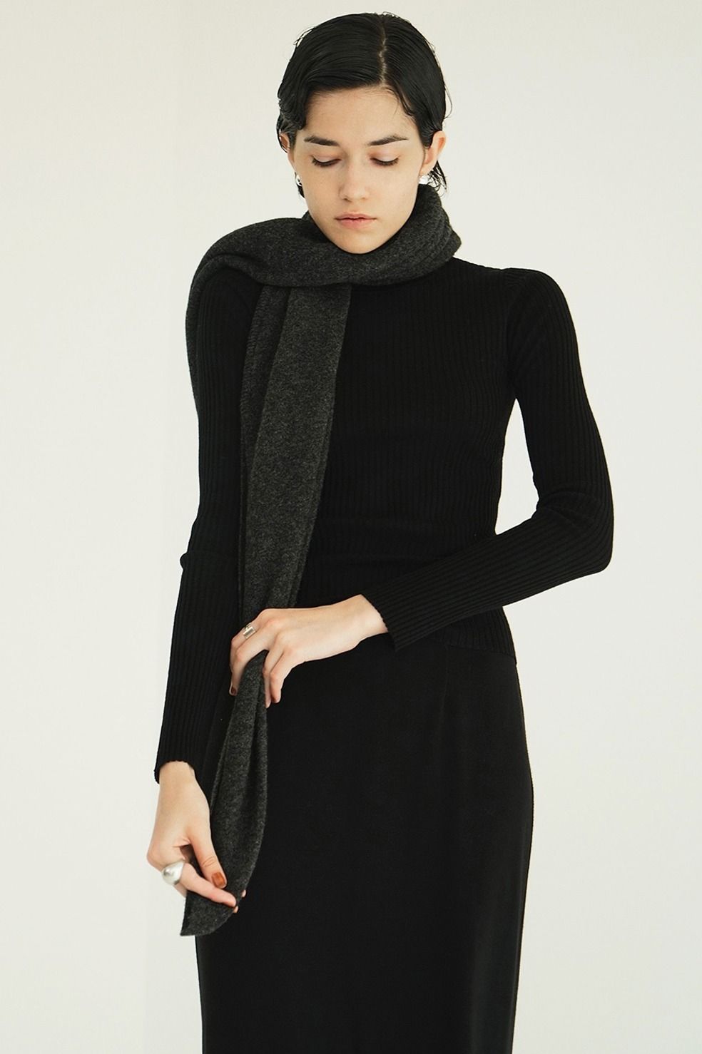 シアーリブニットカットソー | SHEER RIB KNIT TOPS (BLACK)