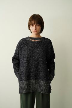 ダブルフェイス カット ネック ワイド ニット トップス - W FACE CUT NECK WIDE KNIT TOPS NAVY