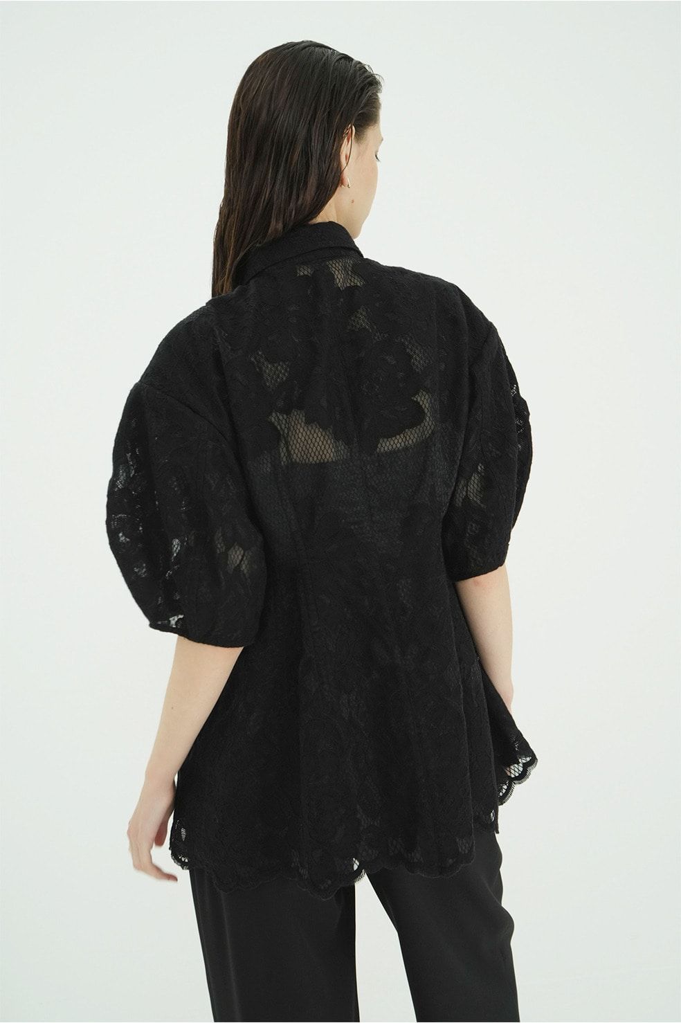 フラワーレーストップス -  FLOWER LACE WAIST SHAPE TOPS (BLACK)