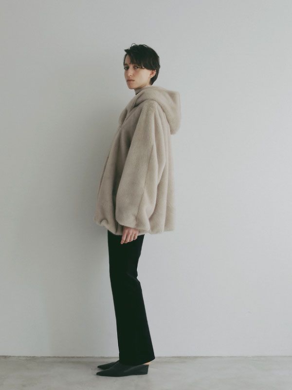 フェイクファーショールカラーフードコート - GREIGE
