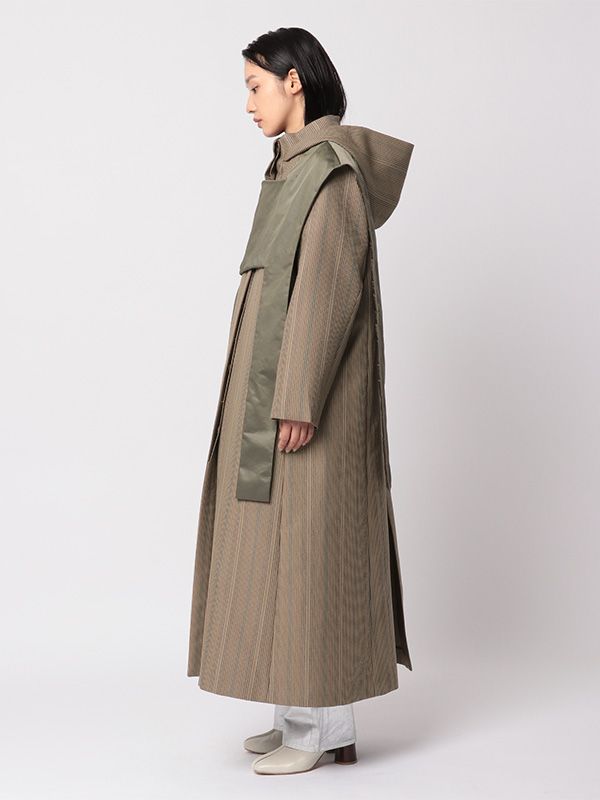 チェックフーデイーロングコート - KHAKI