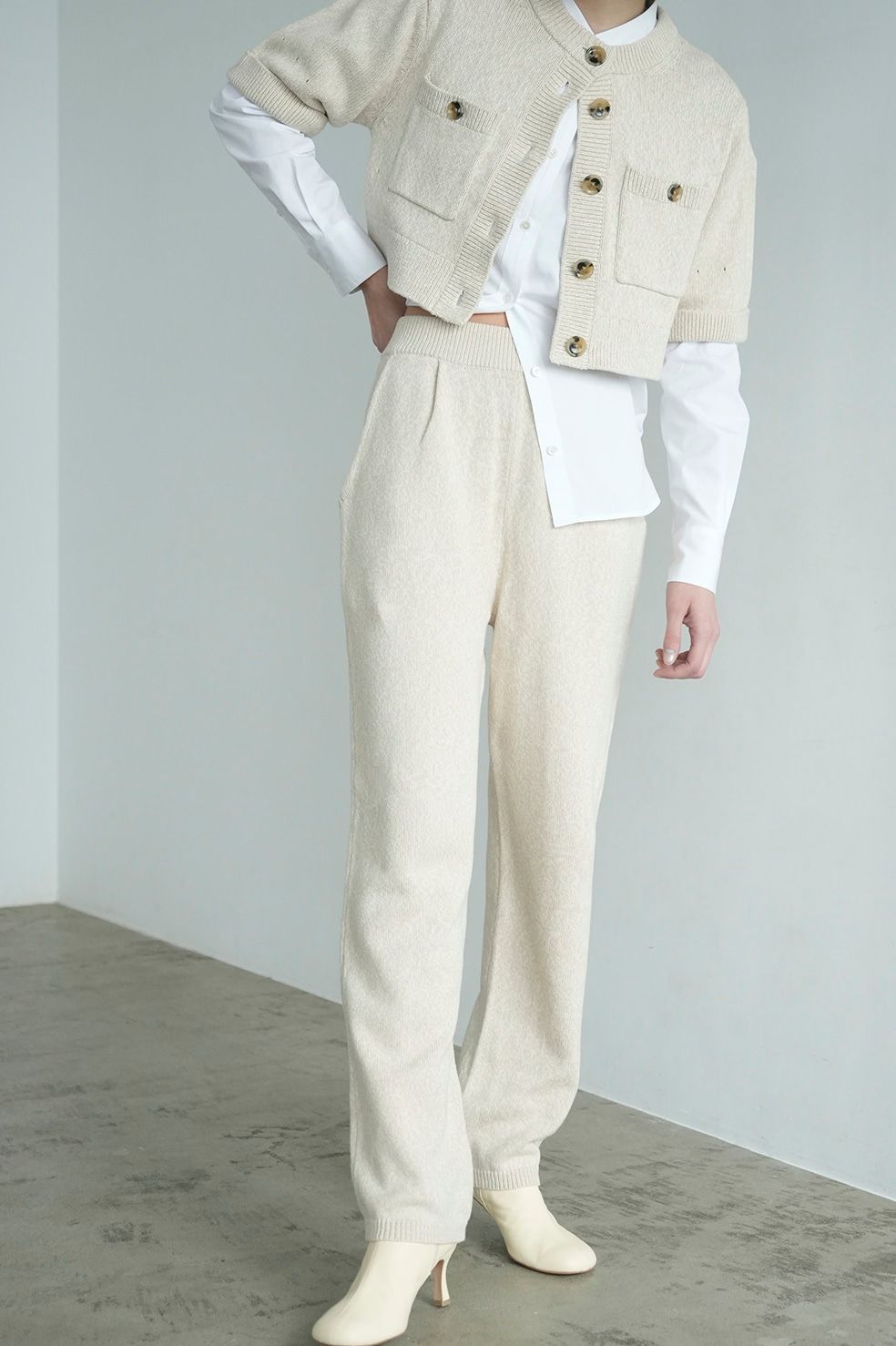 カーディガン - ニットパンツセット / HALF SLEEVE KNIT TOPS & PANTS SET -IVORY