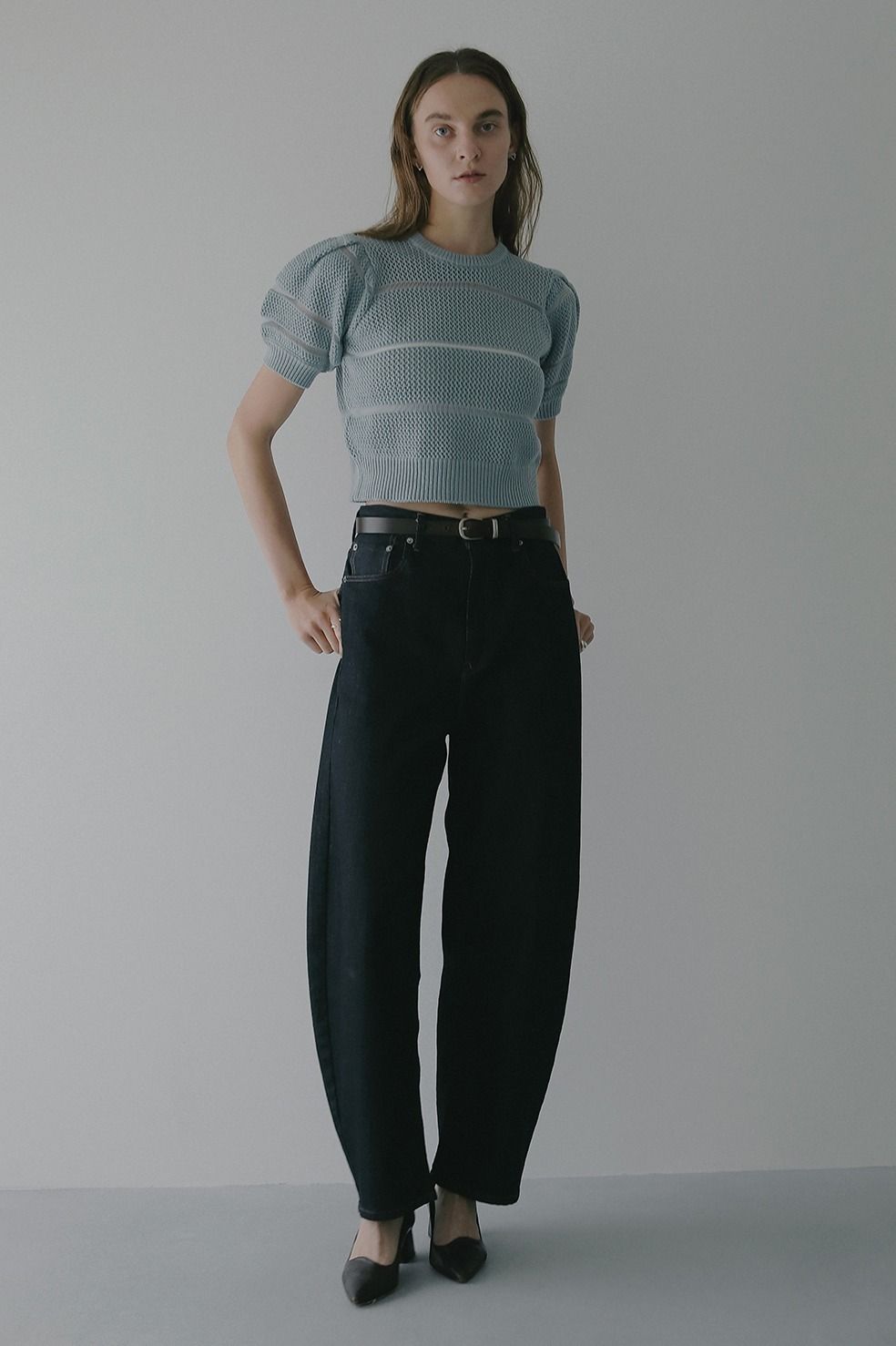 ショート丈ニットトップス - OPENWORK KNIT SHORT TOPS (BLUE)