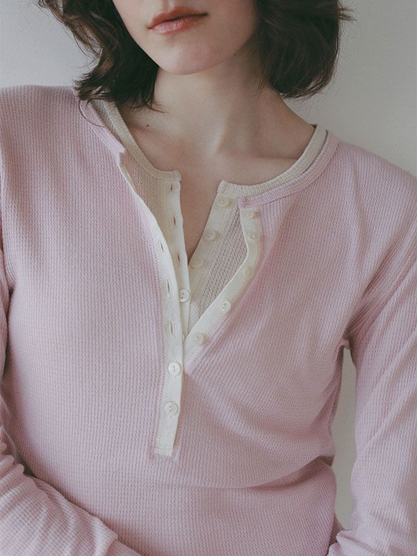 シアーワッフルヘンリーネックプルオーバー （PINK)