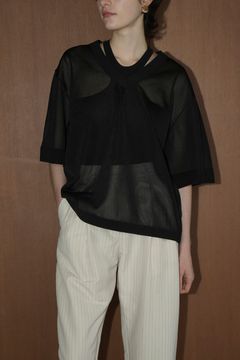 シアー ブイネック ニットトップス -  SHEER VNECK KNIT TOPS - BLACK