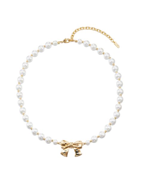 パールリボンネックレス - Ribbon Pearl Bead Necklace GOLD