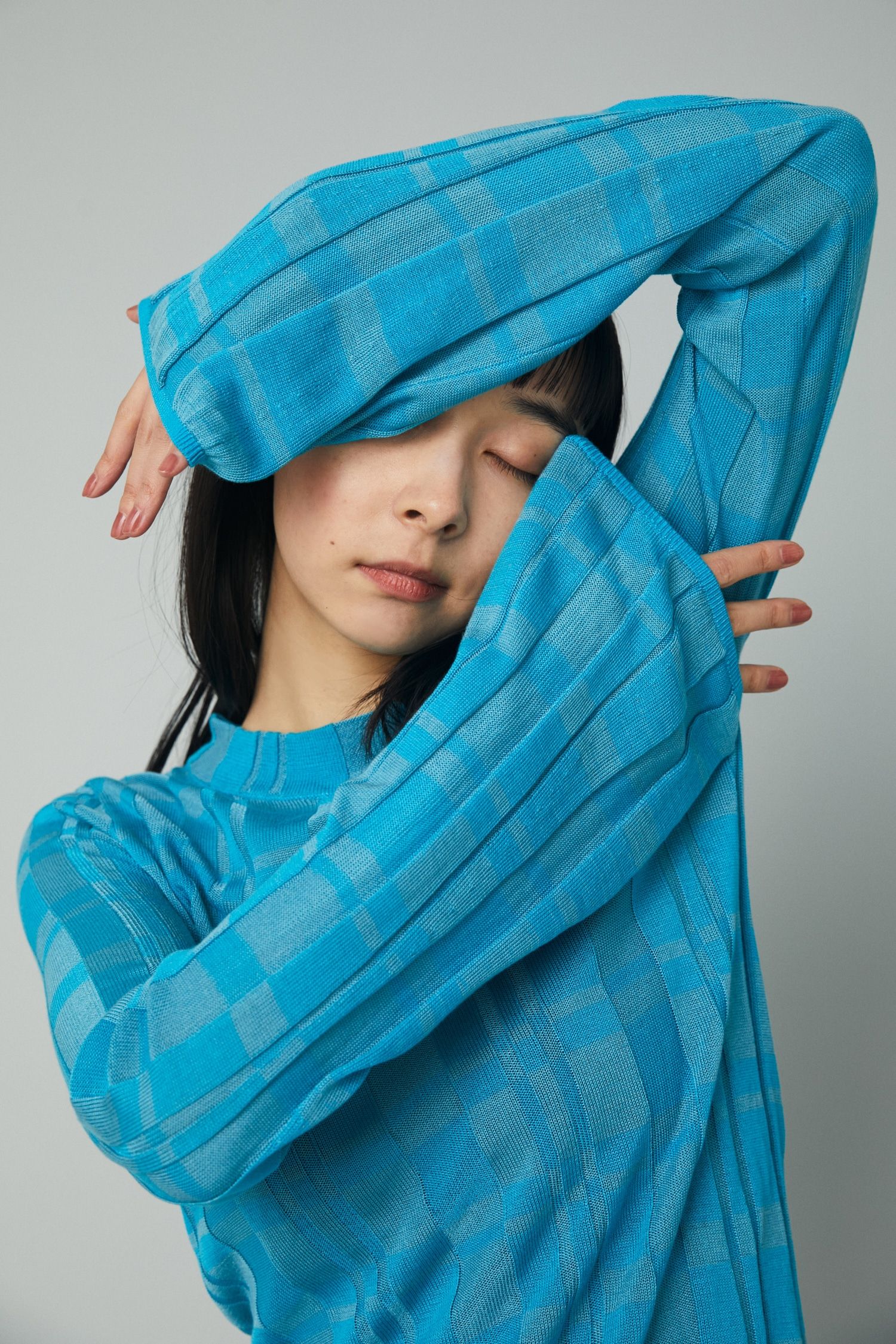 チェック ニット トップス - Check knit tops - BLUE