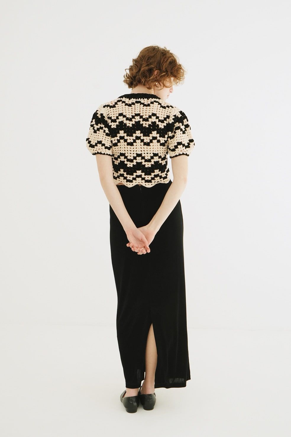 半袖ニットカーディガン - MALL BORDER HAND CROCHET KNIT CARDIGAN (black)