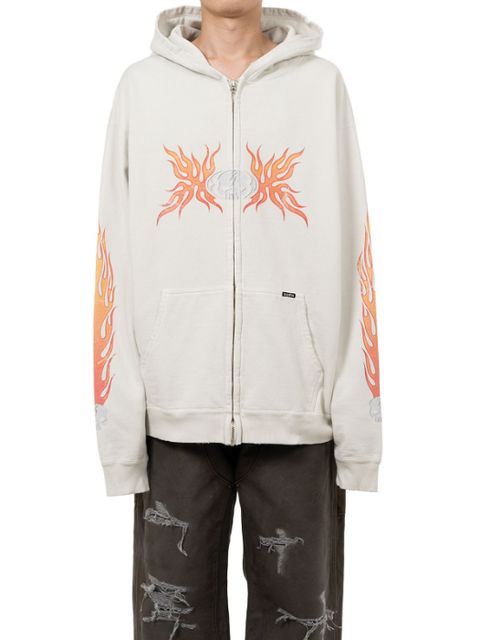 スカルフレイム ディストレスド ジップアップフーディー - “Skull Flame”Distressed Zip-up Hoodie (WHITE)