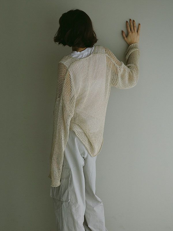 フィッシュネットVネックニットプルオーバー - BEIGE